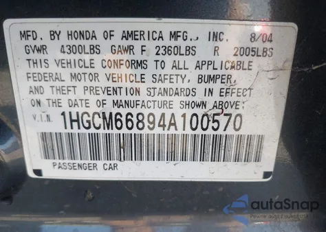 2004 Honda Accord 3.0 Ex from USA, damaged, VIN 1HGCM66894A100570
